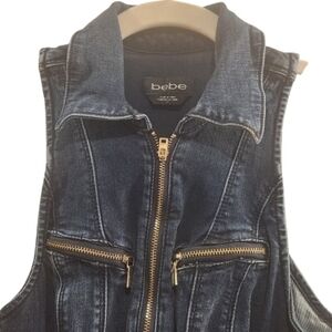 bebe Moto Denim Sleeveless Jumpsuit – Dark Wash – Gold Zip – Size 27 🖤